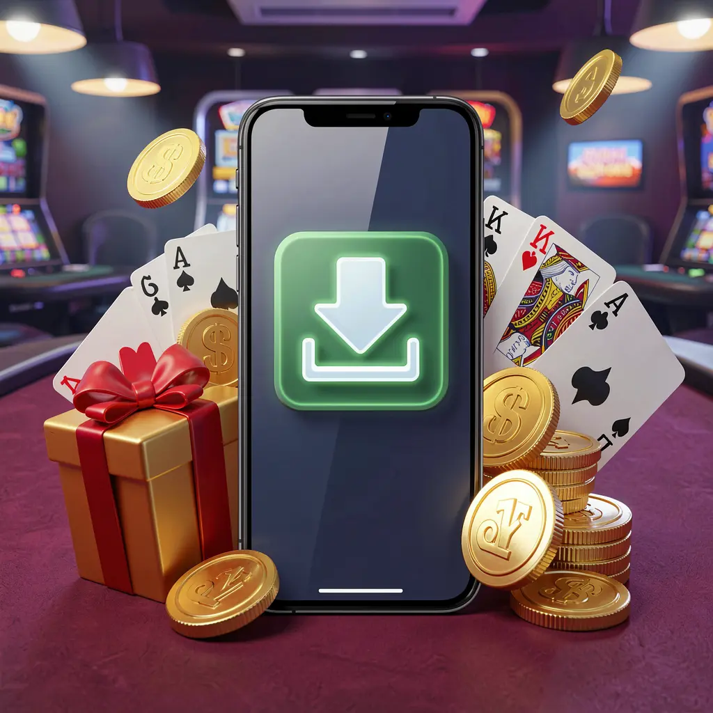 ilustrasi 3D realistis sebuah ponsel pintar yang menampilkan ikon unduhan, dikelilingi oleh koin emas, kotak hadiah, dan kartu permainan, merepresentasikan konsep unduhan aplikasi kasino 1166X dalam suasana permainan seluler modern