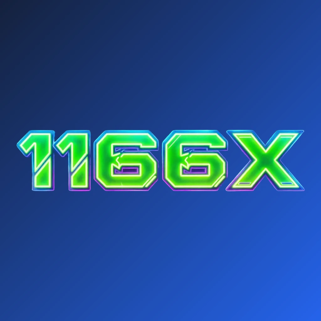 Futuristic neon logo of 1166X with thick angular typography glowing in vivid green, blue, and purple, featuring sharp tech-inspired details on a transparent background, designed as a wide horizontal rectangular wordmark for website header